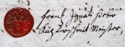 Obr. č. 3. Pečeť Franze Ignaze Hiebera, výrobce nové měděné varné nádoby pro libochovický pivovar z r. 1745. (SOA Ltm, Vs. Libochovice, kt. 522.)