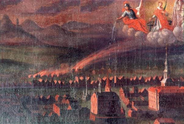 Obr. č. 6. Výřez z votivního obrazu Libochovic z r. 1738 zobrazující zázračnou záchranu města před požárem. (Římsko-katolická farnost - děkanství Libochovice.)