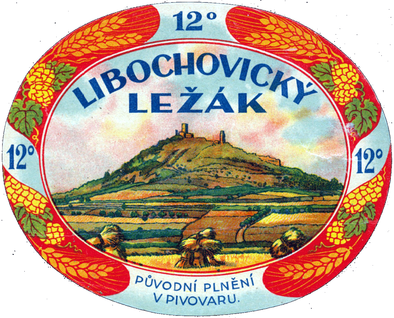 Etiketa, barevný tisk na papíře, meziválečné období. Nápis: LIBOCHOVICKÝ LEŽÁK 12° PŮVODNÍ PLNĚNÍ V PIVOVARU..